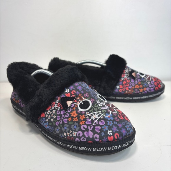 Skechers BOBS Too Cozy Meow Slippers Black Floral Leopard Cat Size 8 - Picture 2 of 12